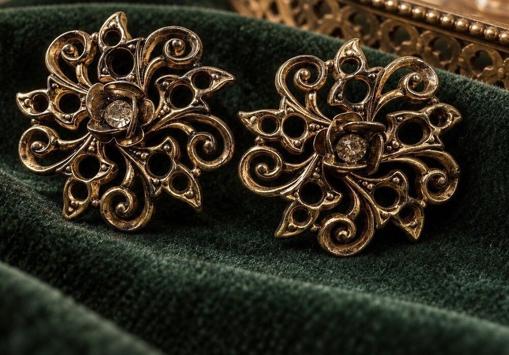 Vintage Gold Tone Filigree Flower Earrings Rhinestone Victorian Revival Pierced